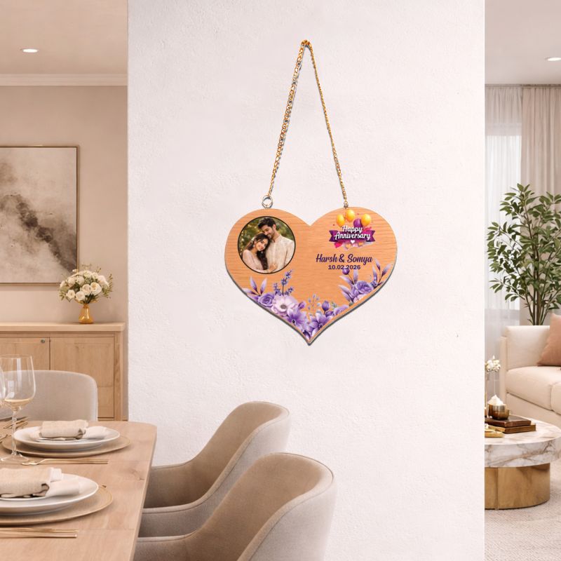 Personalized Happy Anniversary Heart-Shaped Wooden Hanging Plaque   Hanging Home Decor for Bedroom or Living Room  Wedding Anniversary Couple Gifts for Wife, Husband, or Parents